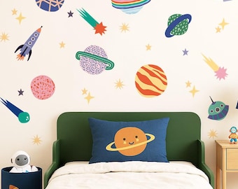 Conjunto de adesivos de parede espaciais – decalques de tecido removíveis e adesivos com planetas, foguetes e estrelas