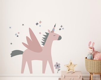 Large Pink Unicorn Wall Sticker | Unicorn Wall Decal | Unicorn Kids Room Decor | PVC Free,  Removeable Peel & Stick Fabric Wall Decals