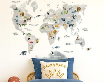 Animal World Map Wall Decal | Grey World Map Wall Sticker | Kids World Map Decal | PVC Free, No Odour | Reusable Peel & Stick Fabric Decal
