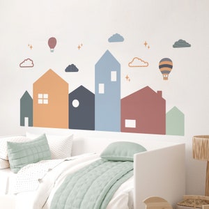 Pegatinas de pared de casas urbanas / Decoración infantil en tonos pastel y bohemios para dormitorio, guardería y sala de juegos / Adhesivo de tela autoadhesivo sin PVC