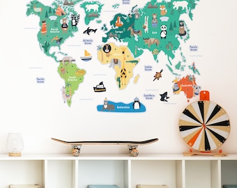 Animal World Map Wall Sticker | Kid World Map Wall Decal for Nursery, Playroom, Bedroom | PVC Free, No Odour | Peel and Stick Fabric Decal