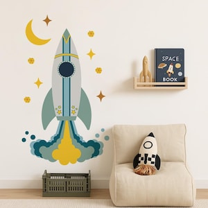 Rocket Wall Decal – Fabric Peel and Stick Space Wall Stickers for Kids Room, Nursery and Playroom