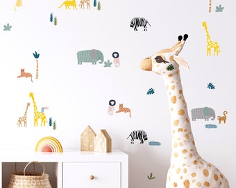 Calcomanía de guardería Safari / Pegatinas de pared de animales para dormitorio de niños, guardería, sala de juegos / Sin PVC, sin olor / Calcomanías de pared de tela reutilizables