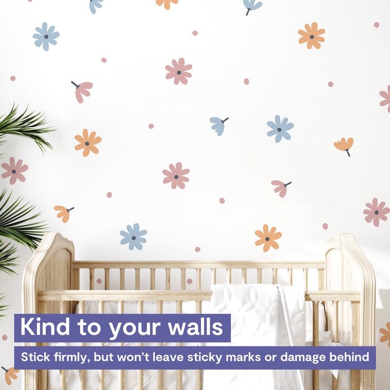 Daisy Flower and Dots Wall Decals for Kids Bedroom, Nursery, Playroom PVC-Free, No Odour Reusable Peel and Stick Fabric Wall Decal zdjęcie 6