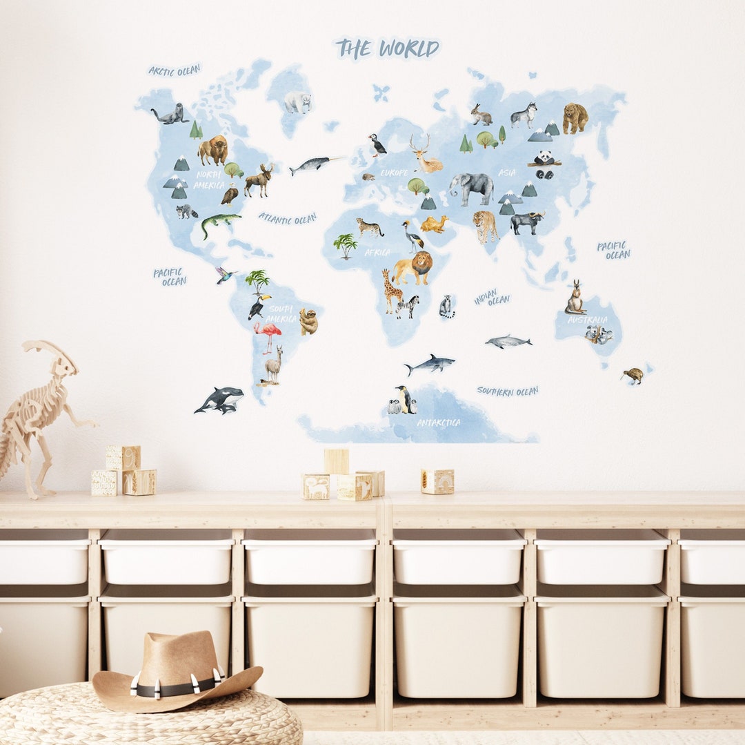 Blue World Map Wall Sticker | Boys Nursery World Map Decal | Kids Map ...