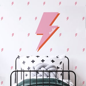 Pink Lightning Bolt Wall Stickers | Name Wall Decal for Girls Bedroom, Nursery, Playroom | PVC Free, No Odour | Reusable Fabric Decal