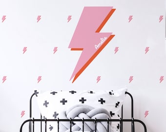 Pink Lightning Bolt Wall Stickers | Name Wall Decal for Girls Bedroom, Nursery, Playroom | PVC Free, No Odour | Reusable Fabric Decal