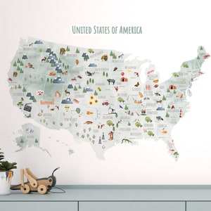Kinder US Wandkarte | USA Karte Wandtattoo | Karte von USA zum Schälen und Aufkleben | Illustrierte Karte von Amerika Stoffwandaufkleber