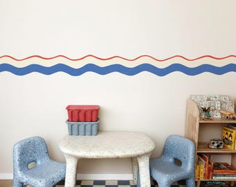 Borde de pared de rayas onduladas: borde de papel tapiz autoadhesivo y extraíble para habitaciones infantiles y guarderías.