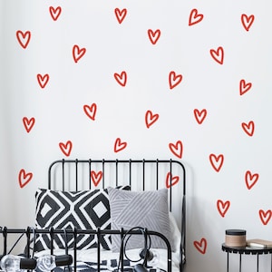 Red Heart Wall Stickers | Hand Drawn Heart Wall Decal for Kids Bedroom, Nursery, Playroom | Removable Fabric Peel & Stick Wall Decals