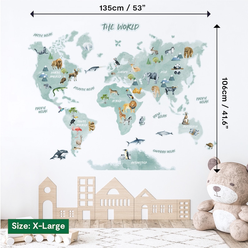 Animal World Map Wall Sticker Kids World Map Decal World Etsy