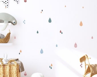 Stickers Muraux Enfants Goutte de Pluie | Stickers muraux Boho pour chambre d'enfant, chambre d'enfant, salle de jeux | Sans PVC, sans odeur | Décalcomanies murales en tissu repositionnables