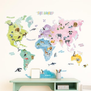 Karte der Tiere Wandsticker für Kinderzimmer, Spielzimmer | PVC-frei, geruchsneutral | Repositionierbarer Peel and Stick Stoff-Wandaufkleber