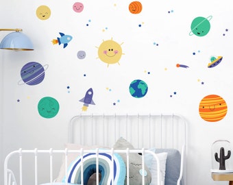 Playful Solar System Wall Sticker Set - Removable Fabric Peel & Stick Space Decals
