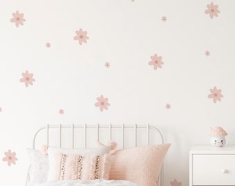 Autocollants muraux de fleurs de marguerite | Décalcomanie murale florale rose pour chambre d’enfant, salle de jeux, chambre à coucher | Murale florale en tissu repositionnable pour enfants