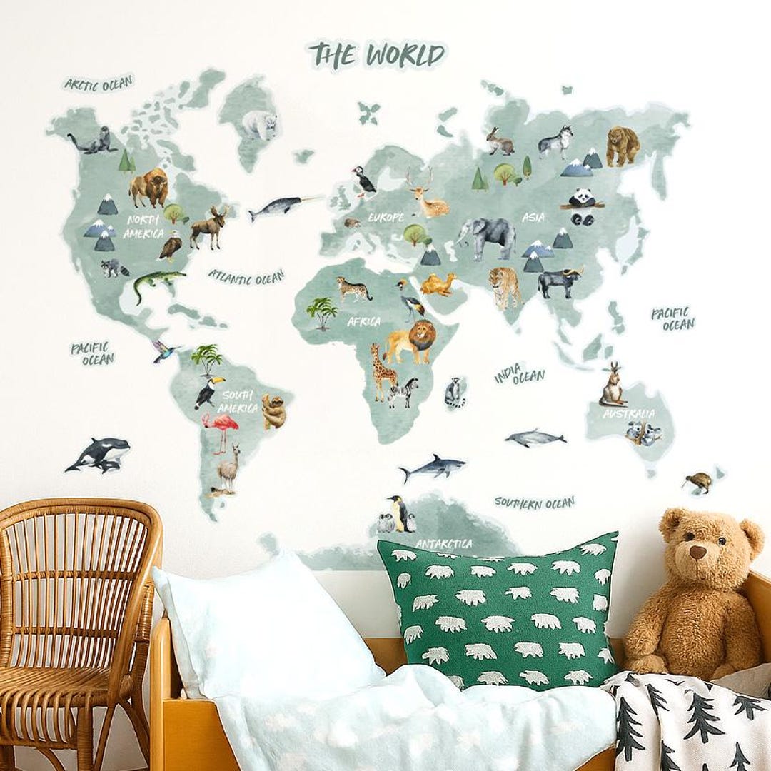 Animal World Map Wall Sticker | Kids World Map Decal | World Map Wall ...