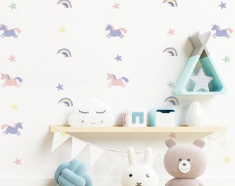 Unicorn and Rainbow Wall Decals for Childs' Bedroom, Nursery, Playroom | PVC Free, No Odour | Reusable Peel & Stick Fabric Wall Stickers