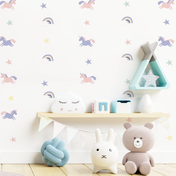 Unicorn and Rainbow Wall Decals for Childs' Bedroom, Nursery, Playroom | PVC Free, No Odour | Reusable Peel & Stick Fabric Wall Stickers
