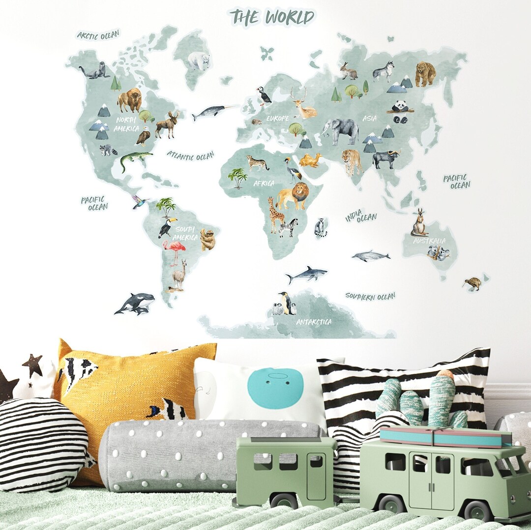 Animal World Map Decal | Playroom World Map for Kids | World Map Wall ...