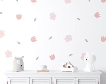 Pastel Pink Flower Wall Stickers | Floral Wall Decals for Kids Room, Nursery, & Playroom | PVC Free, No Odour | Removable Fabric Wall Decals
