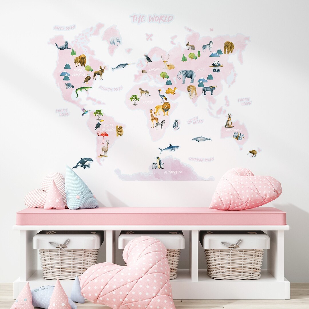 Animal World Map Wall Sticker Pink World Map Wall Decal Kids World Map