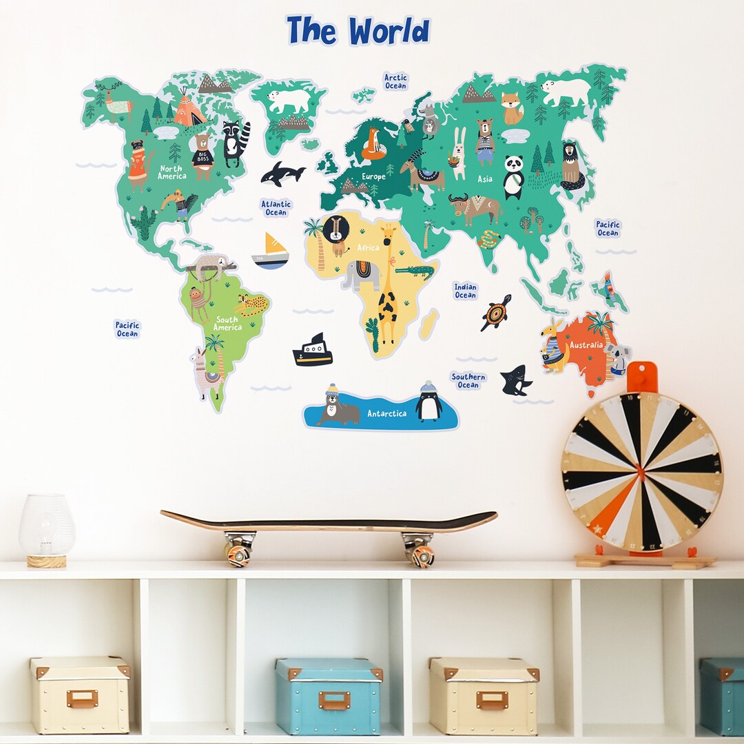 Animal World Map Wall Sticker | Kid World Map Wall Decal for Nursery ...