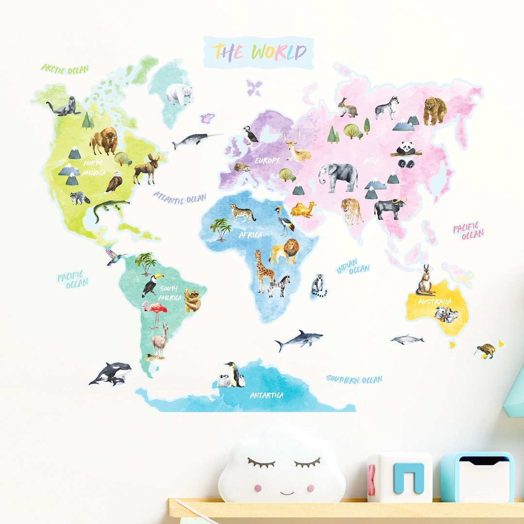 Kids World Map Wall Decal | Animal World Map Wall Sticker | Nursery ...