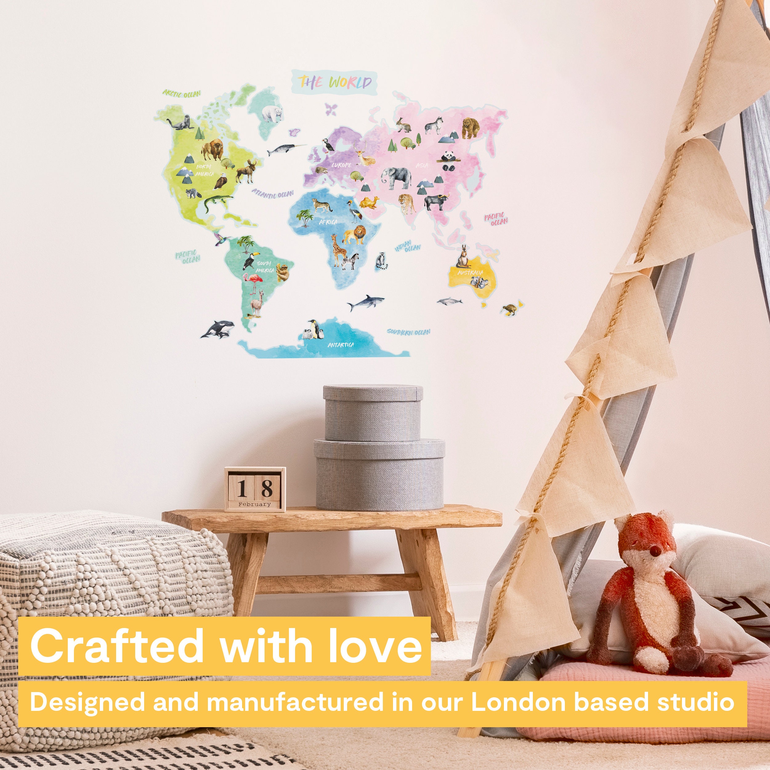 Animal World Map Wall Decal, Kids Nursery Decor, Peel and Stick - Etsy UK
