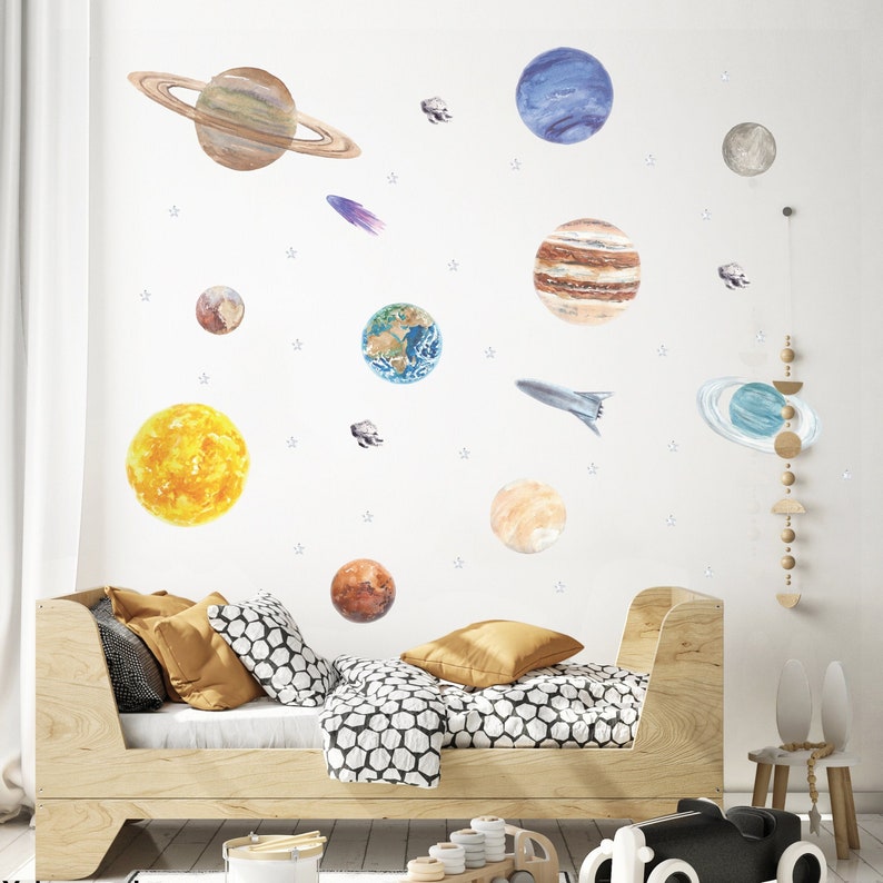 Watercolour Solar System Wall Stickers Space Wall Stickers for Kids Planet Wall Decals PVC Free, No Odour Reusable Fabric Wall Decal image 1