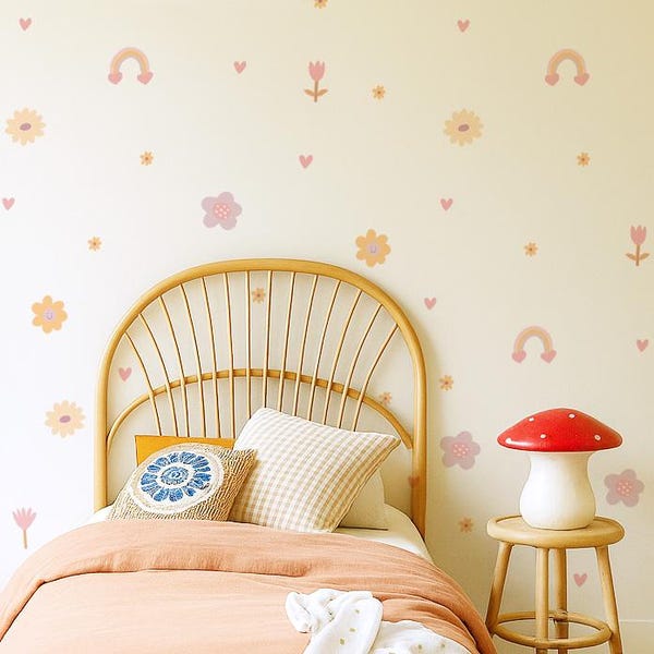 Calcomanía de pared con diseño de arcoíris floral / Pegatinas de pared con flores y arcoíris para dormitorio infantil, sala de juegos y guardería / Calcomanías de tela reposicionables para despegar y pegar