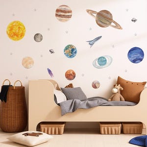 Watercolour Solar System Wall Decal – Fabric Peel and Stick Wall Stickers,  Removable Kids Space Wall Decor