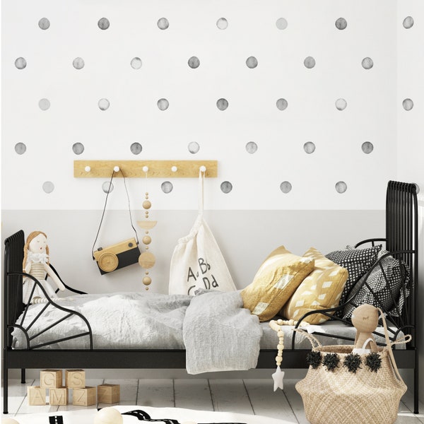 Stickers muraux gris à pois pour chambre d'enfant, chambre d'enfant, salle de jeux | Sans PVC, sans odeur | Décalcomanie murale réutilisable en tissu Peel & Stick