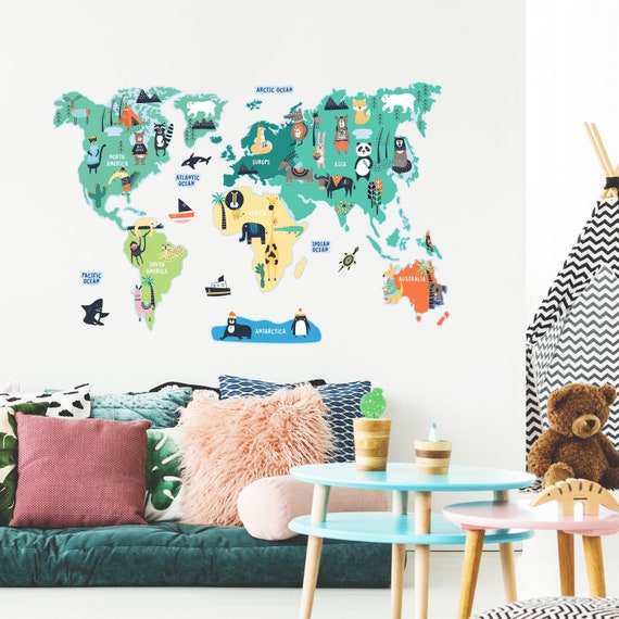 Sticker mural carte du monde pour enfants Sans PVC, sans odeur