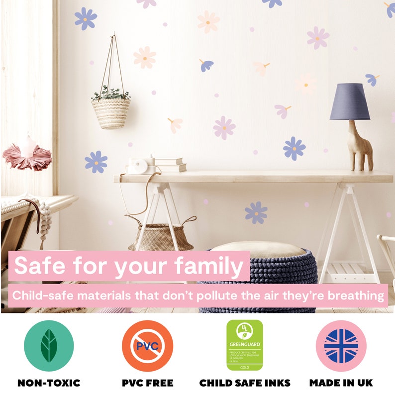 Daisy Flower and Dots Wall Decals for Kids Bedroom, Nursery, Playroom PVC-Free, No Odour Reusable Peel and Stick Fabric Wall Decal zdjęcie 3