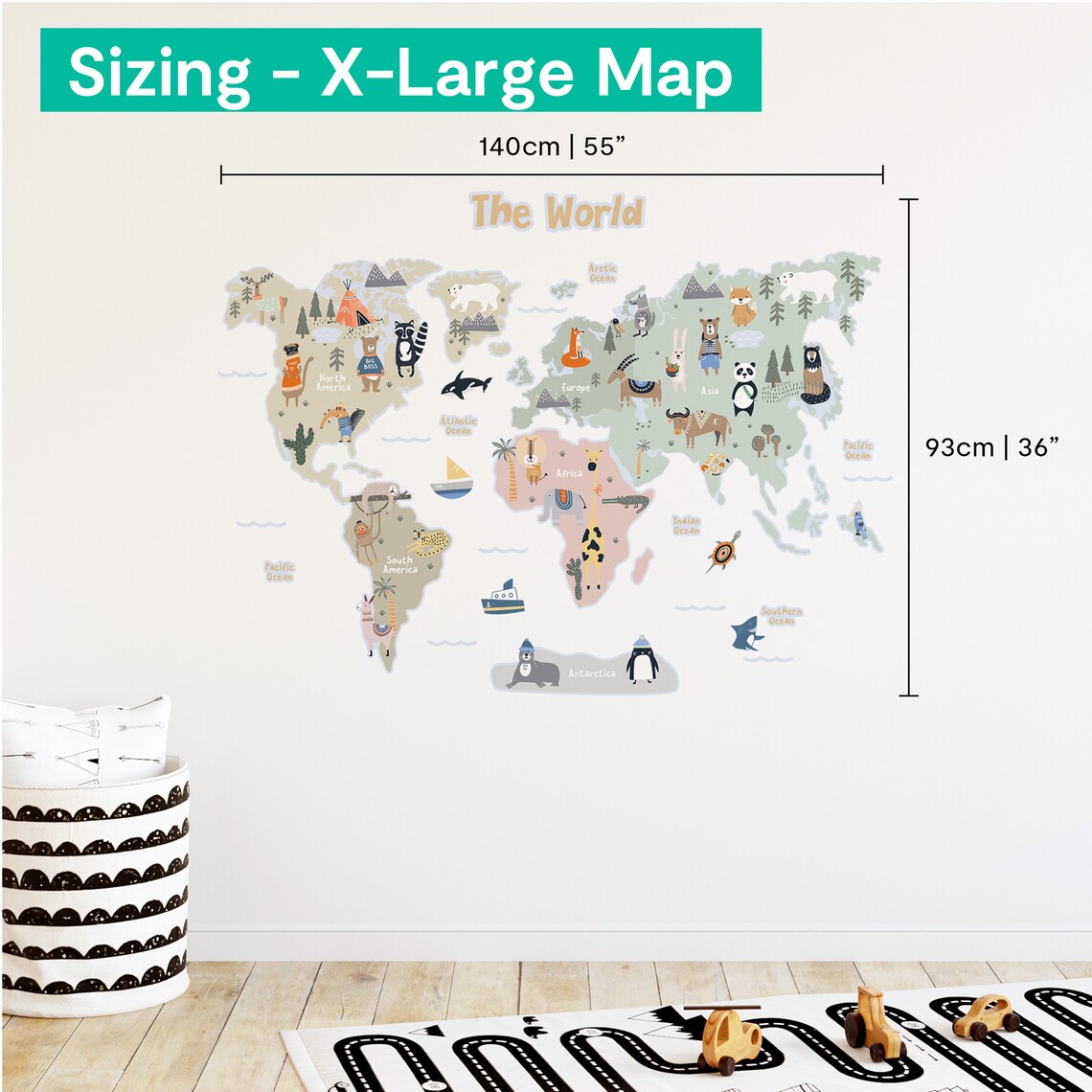 Animal World Map Wall Sticker | Kid World Map Wall Decal for Nursery ...