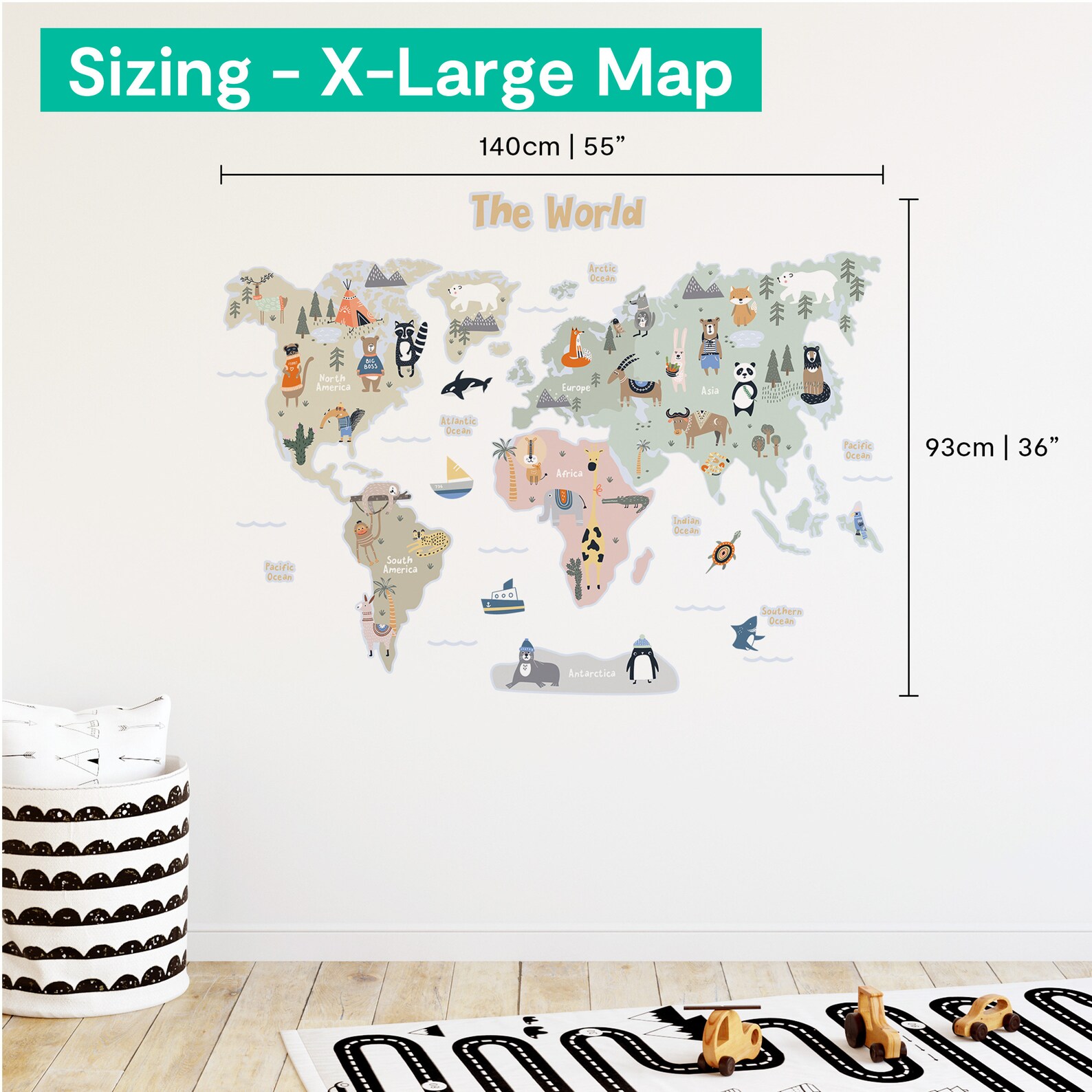 Animal World Map Wall Sticker | Kid World Map Wall Decal for Nursery ...