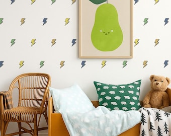 May include: A child's bedroom scene with a wooden bed, a wicker chair, and a framed pear print. The bed has a light blue blanket with white cloud shapes, a green pillow with white bear shapes, and a black and white tree blanket. The wall has colorful lightning bolt decals.