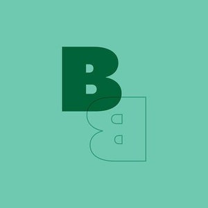 Op de afbeelding: Een groene letter B met een kleinere, transparante letter B die eroverheen ligt.