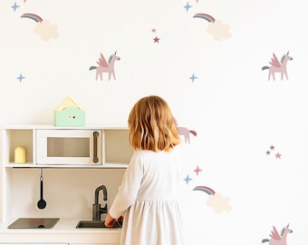 Muurstickers eenhoorn en regenboog | Muursticker eenhoorn | Muurstickers voor kinderkamer, speelkamer en kinderkamer | Herbruikbare stoffen muurstickers