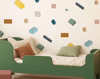 Calcomanías de pared con bloques de construcción: pegatinas de tela autoadhesivas para dormitorios infantiles, guarderías y salas de juegos.