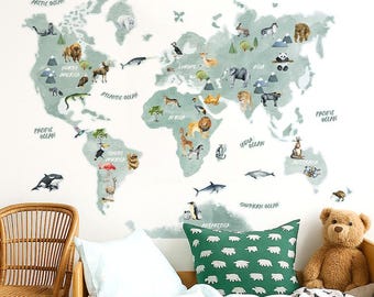 Animal World Map Wall Sticker | Kids World Map Decal | World Map Wall Decal | PVC Free, No Odour | Repositionable Peel & Stick Fabric Decal