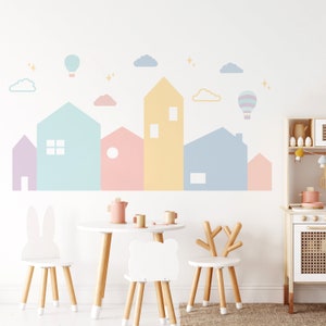 City Houses Wall Stickers | Kids Room Decor in Pastels and Boho Tones For Bedroom, Nursery, Playroom | PVC-Free, Peel & Stick Fabric Decal