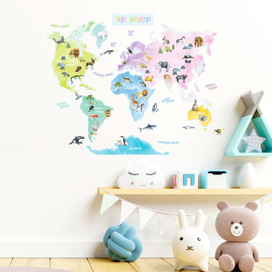 Animal World Map Wall Sticker for Kids' Bedroom, Nursery, Playroom Pvc