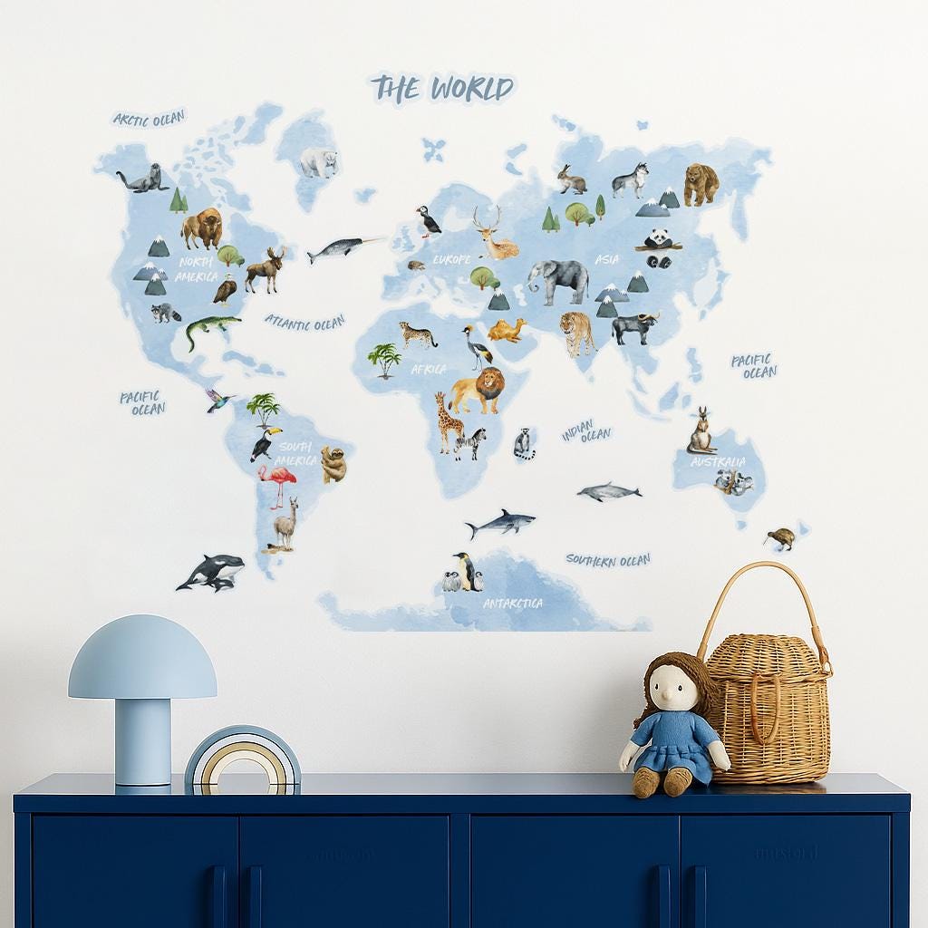 Animal World Map Wall Sticker | Blue World Map Wall Decal | Kids World Map Decal | PVC Free, No Odour | Reusable Peel & Stick Fabric Decal