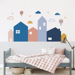 City Houses Wall Stickers | Kids Room Decor in Pastels and Boho Tones For Bedroom, Nursery, Playroom | PVC-Free, Peel & Stick Fabric Decal