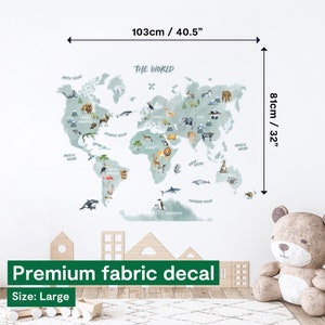 Animal World Map Wall Sticker Kids World Map Decal World Map Wall Decal PVC Free, No Odour Repositionable Peel & Stick Fabric Decal image 4