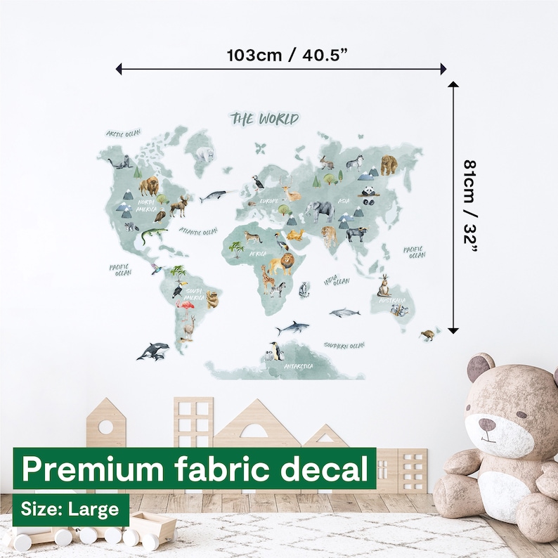 Animal World Map Wall Sticker Kids World Map Decal World Map Wall Decal PVC Free, No Odour Repositionable Peel & Stick Fabric Decal image 4