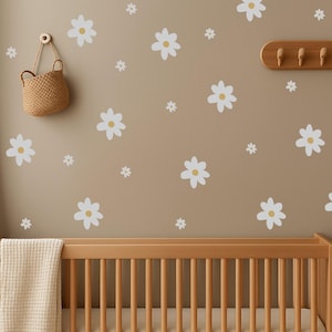 Daisy Flower Wall Decal | White Floral Wall Stickers for Playroom, Nursery, Bedroom | Repositionable Fabric Kids Wall Mural