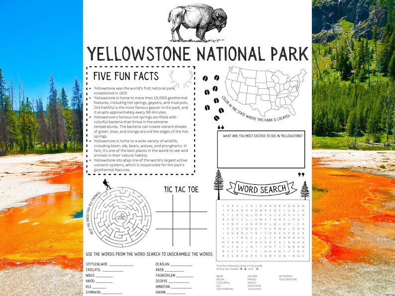 Yellowstone National Park Kid's Activity Sheet Etsy