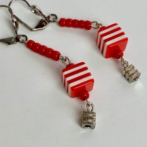 RED White STRIPED CUBE Dangle Earrings, Metal Cube Drop